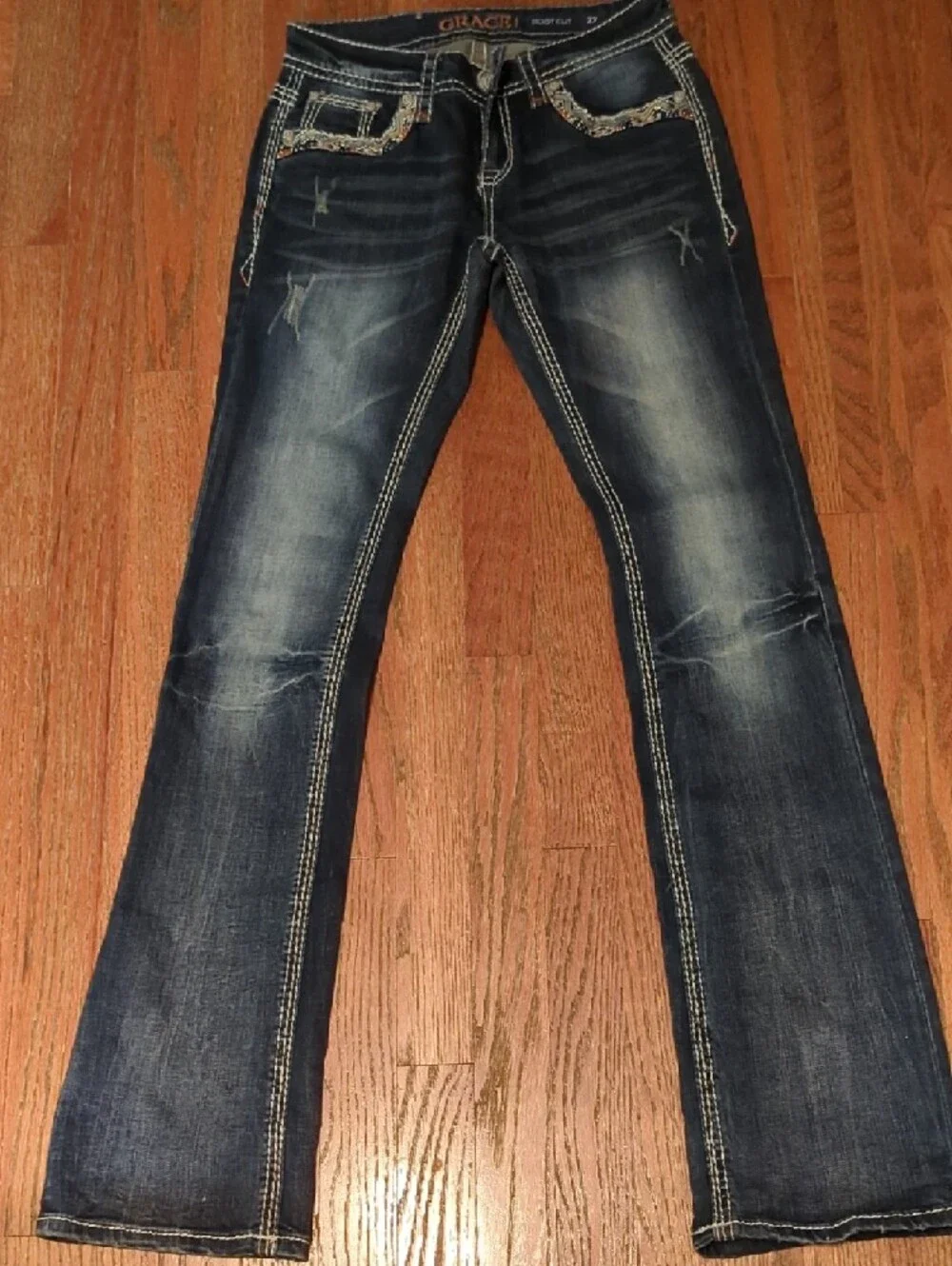 Brand New Grace LA Navy Denim Patch with Orange and Light Blue Arrow Embroidery - Picture 2 of 10